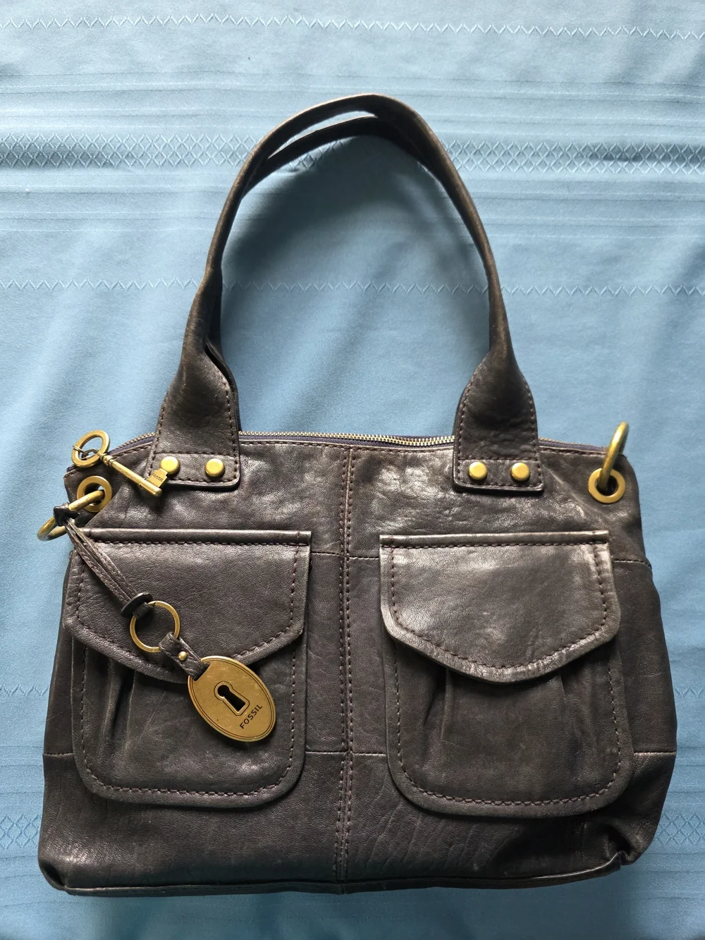 Fossil Long Live Vintage Black Pewter Metallic Leather Cargo Satchel Bag Y2K